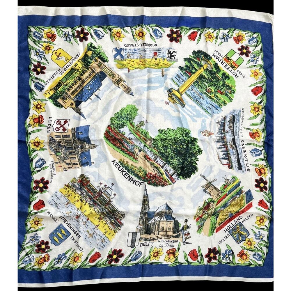 Vtg Netherlands Dutch Landmarks Scarf 26" Tourist Holland Delft Windmills Tulip